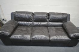 A BROWN LEATHER TWO PIECE LOUNGE SUITE, comprising a three seater electric recliner, and another