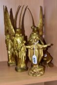 FOUR GILT BRASS FIGURES OF ANGELS AND A SIMILAR FIGURE OF CHRIST, comprising two pairs of angels -