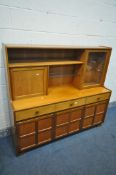 A MID CENTURY NATHAN TEAK HIGHBOARD, with an arrangement of cupboards and drawers, width 153cm x