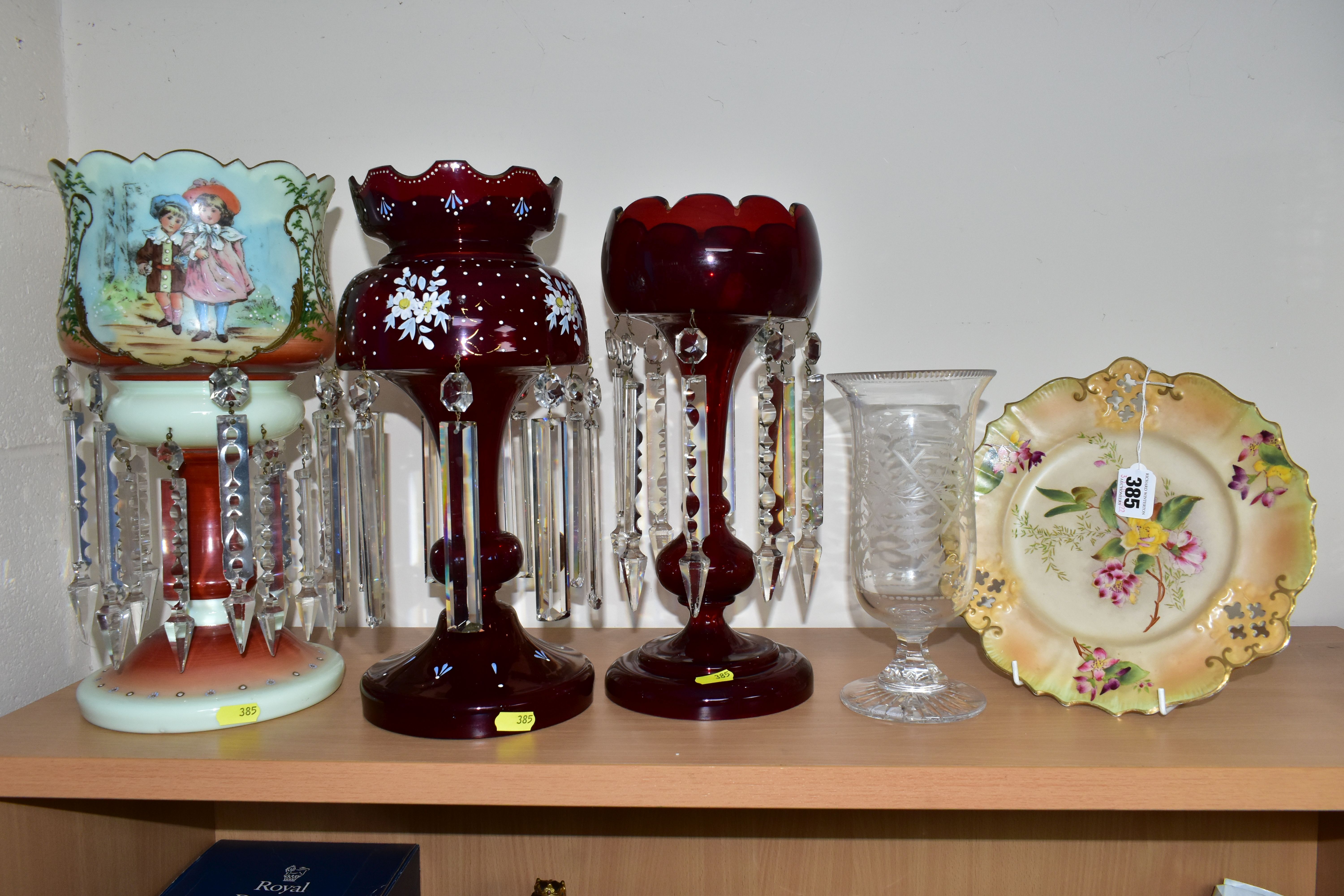 THREE LATE 19TH / 20TH CENTURY GLASS LUSTRES, A LATE VICTORIAN CELERY VASE AND A CARLTONWARE