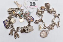 TWO SILVER CHARM BRACELETS, the first fitted with eleven charms in forms such as a kangaroo, cat,