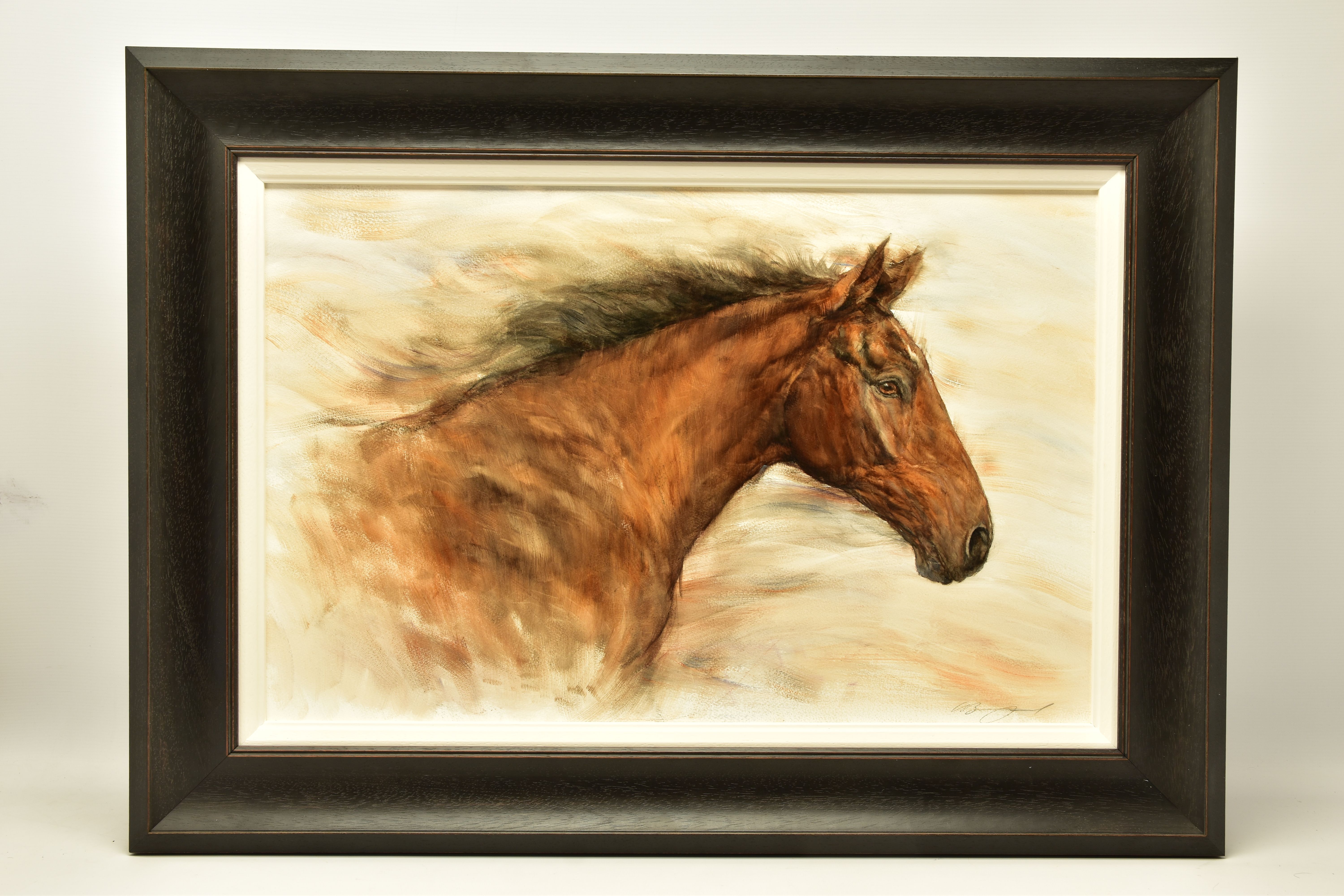 GARY BENFIELD (BRITISH 1961) 'SOFT BREEZE', a portrait study of a brown horse, signed bottom