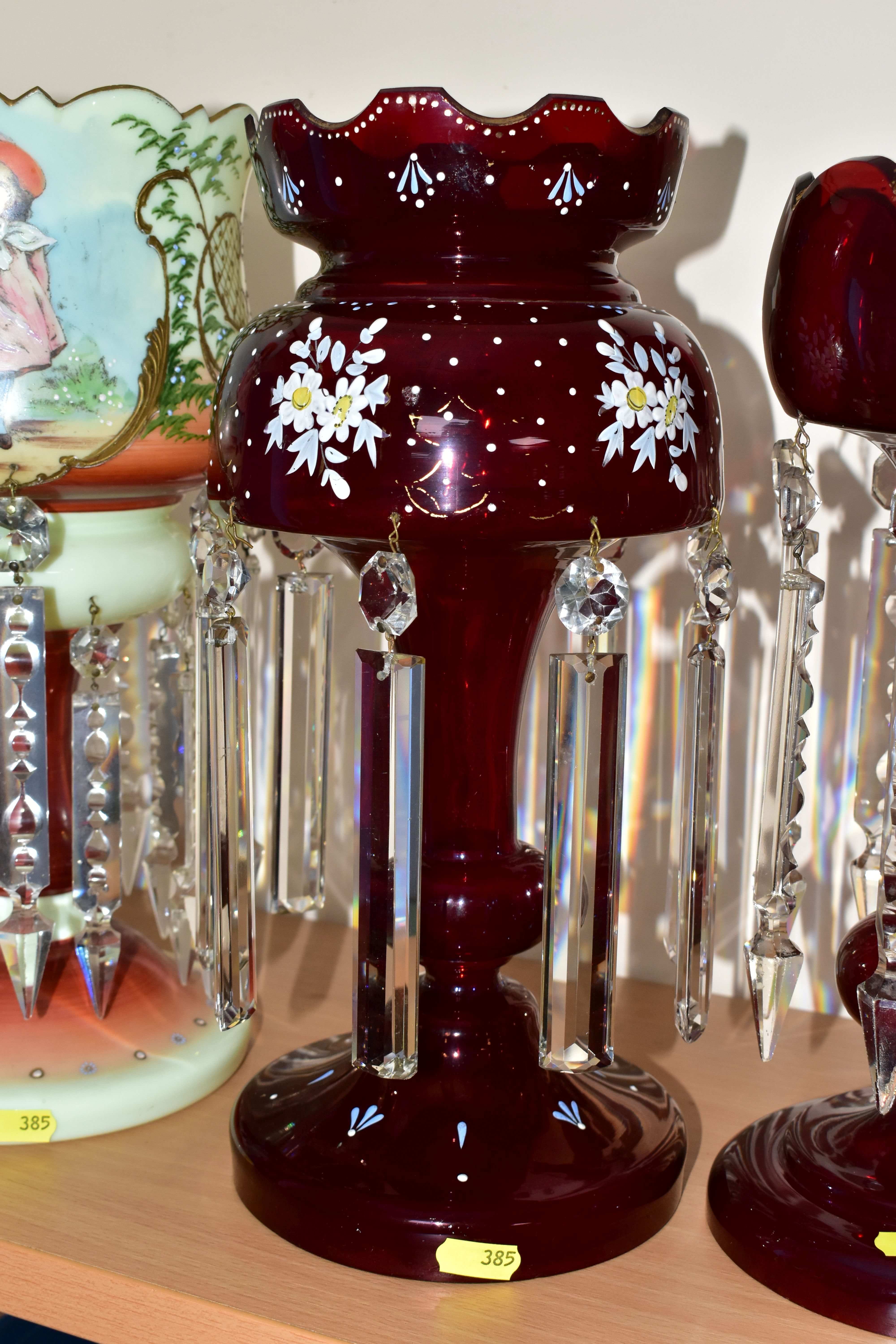 THREE LATE 19TH / 20TH CENTURY GLASS LUSTRES, A LATE VICTORIAN CELERY VASE AND A CARLTONWARE - Image 5 of 6