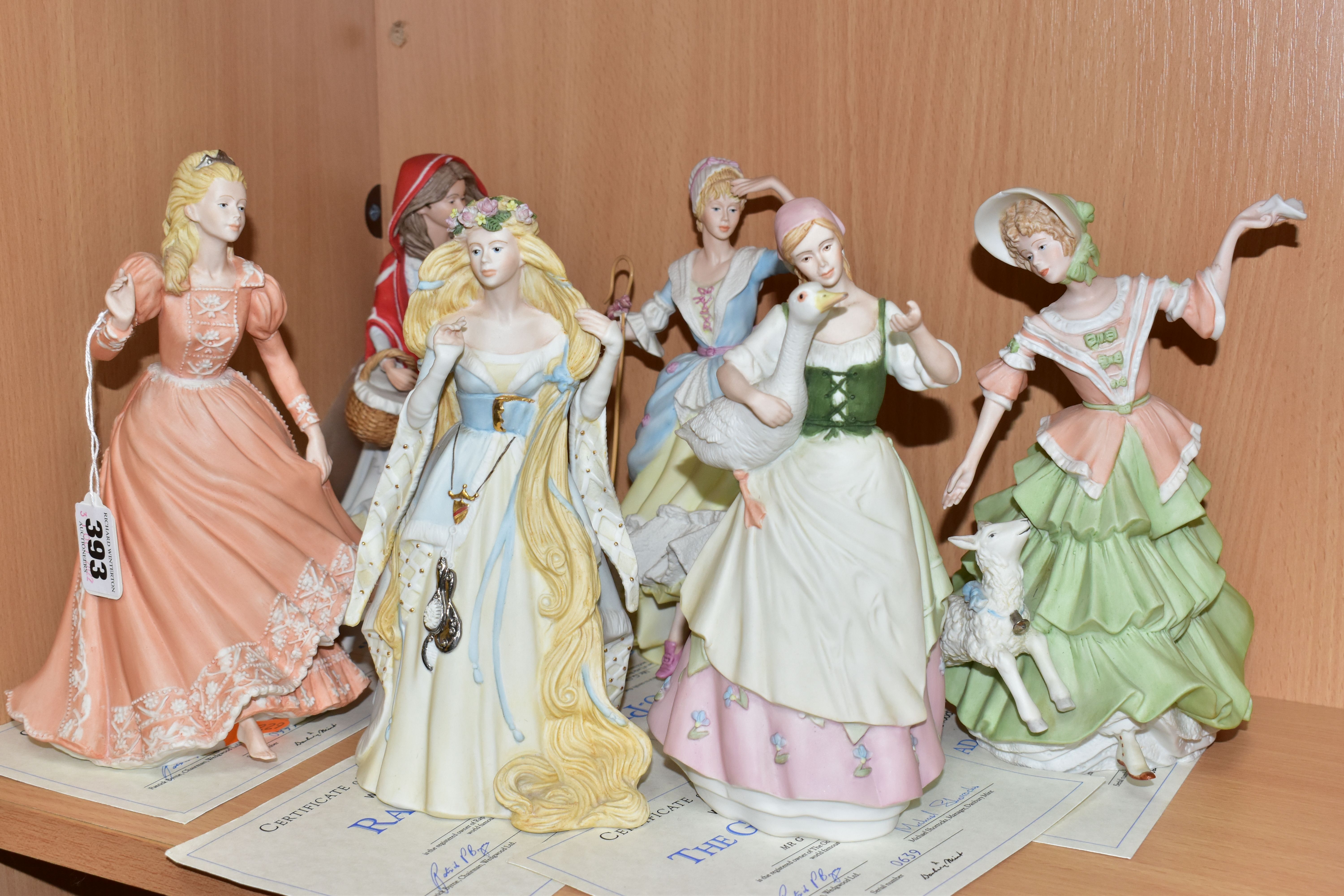 A SET OF SIX WEDGWOOD FOR DANBURY MINT FAIRY STORY / NURSERY RHYME CHARACTERS IN BISQUE PORCELAIN,