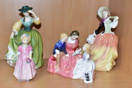 FOUR ROYAL DOULTON FIGURES / GROUPS, comprising 'The Bedtime Story' HN2059, 'Autumn Breezes'