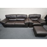 A BROWN LEATHER FIVE PIECE LOUNGE SUITE, comprising three seater sofas, length 216cm x depth 97cm