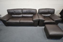 A BROWN LEATHER FIVE PIECE LOUNGE SUITE, comprising three seater sofas, length 216cm x depth 97cm