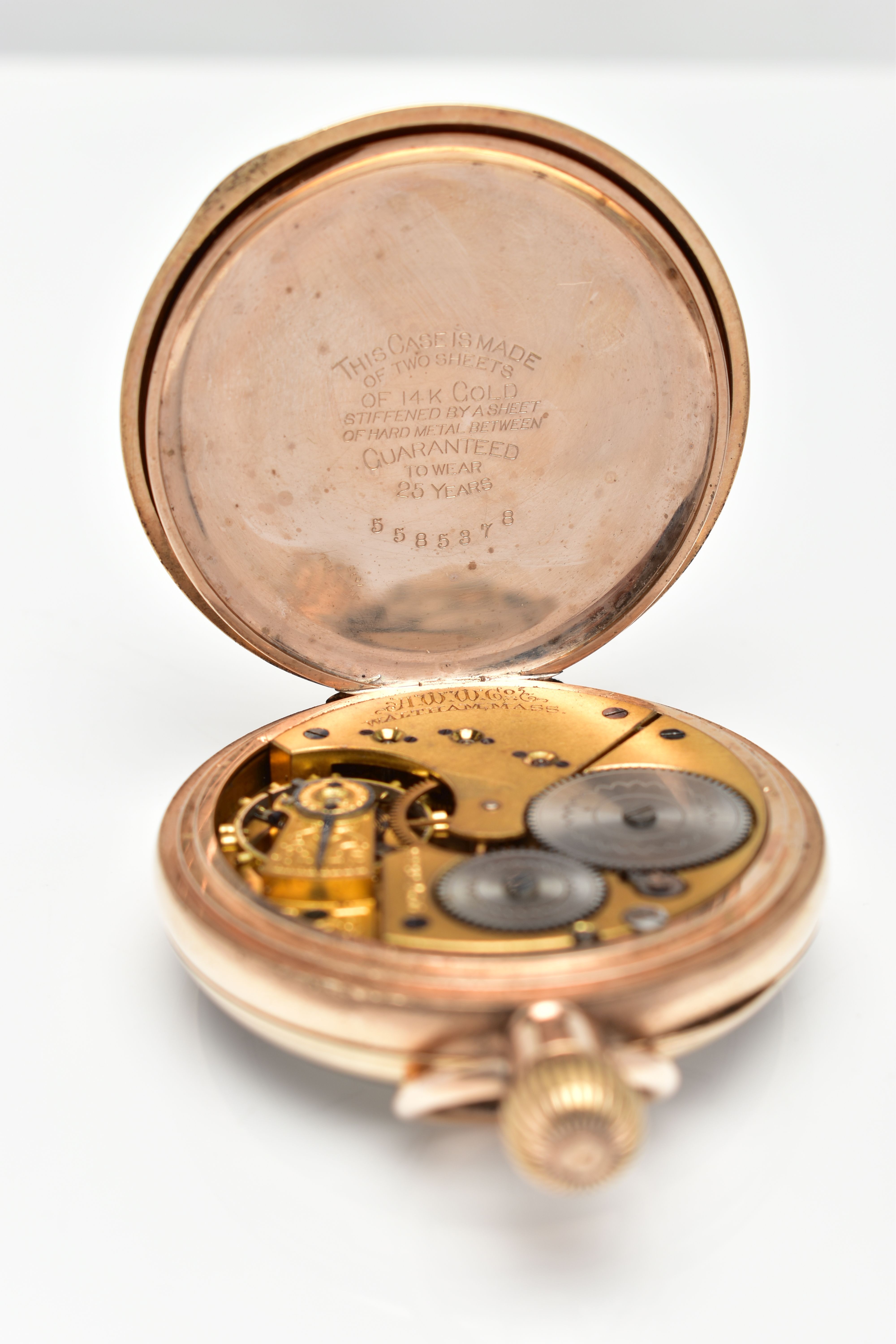 A GOLD PLATED 'WALTHAM' OPEN FACE POCKET WATCH, manual wind, round white dial signed 'American - Image 4 of 6