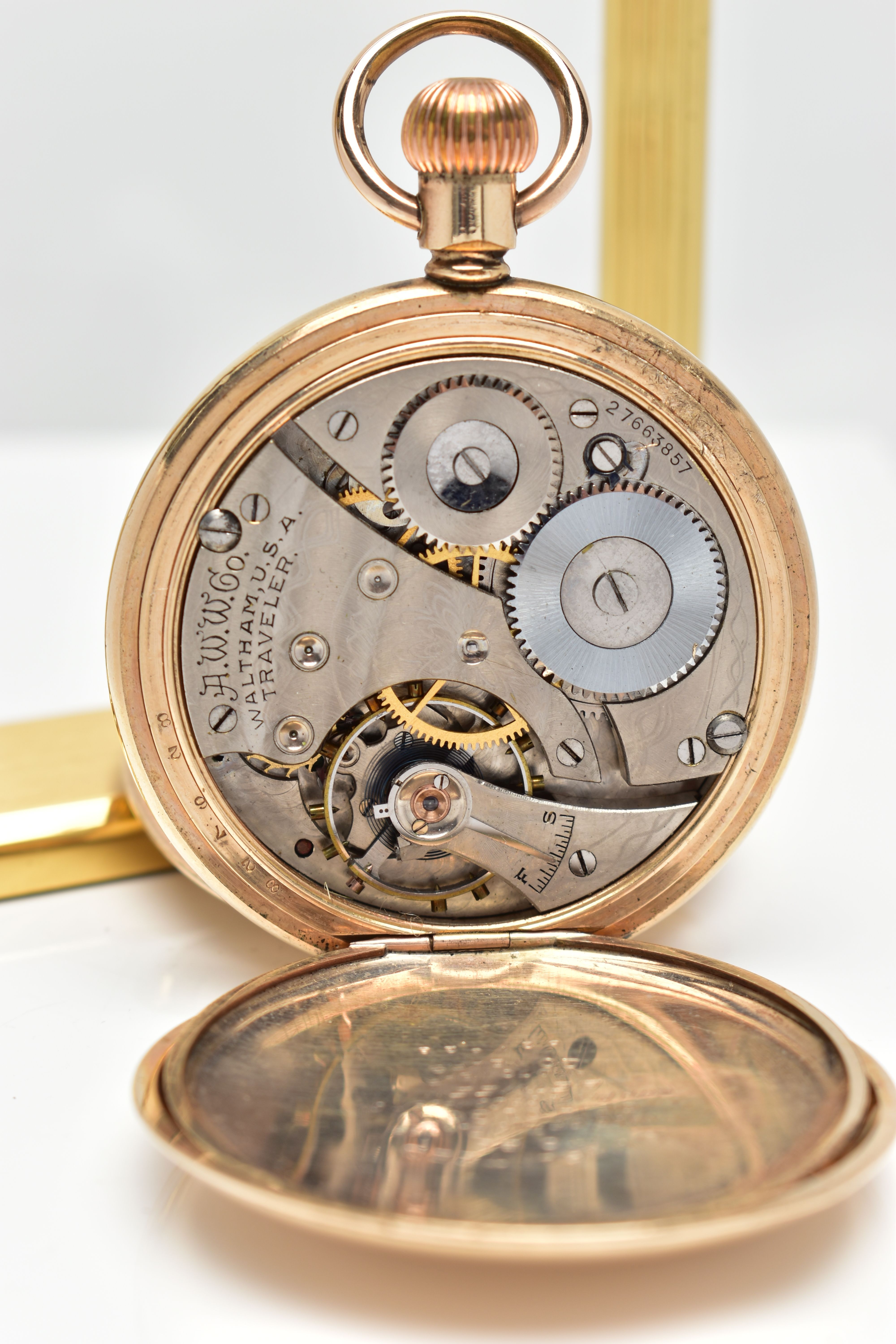 A GOLD PLATED FULL HUNTER 'WALTHAM' POCKET WATCH AND STAND, manual wind, round white dial signed ' - Image 6 of 6