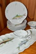 A MODERN PORCELAINE DE SOLOGNE FISH SET, comprising serving platter, two sauce boats and six shell