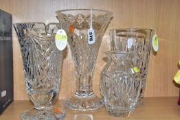 FOUR WATERFORD CRYSTAL VASES, the smallest vase marked Waterford Nocturne, all four with etched