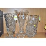 FOUR WATERFORD CRYSTAL VASES, the smallest vase marked Waterford Nocturne, all four with etched