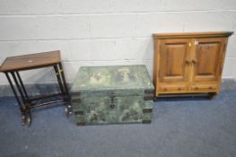 A GREEN PAINTED HINGED STORAGE BOX, with de coupage interior, a pine two door cupboard with drawers,