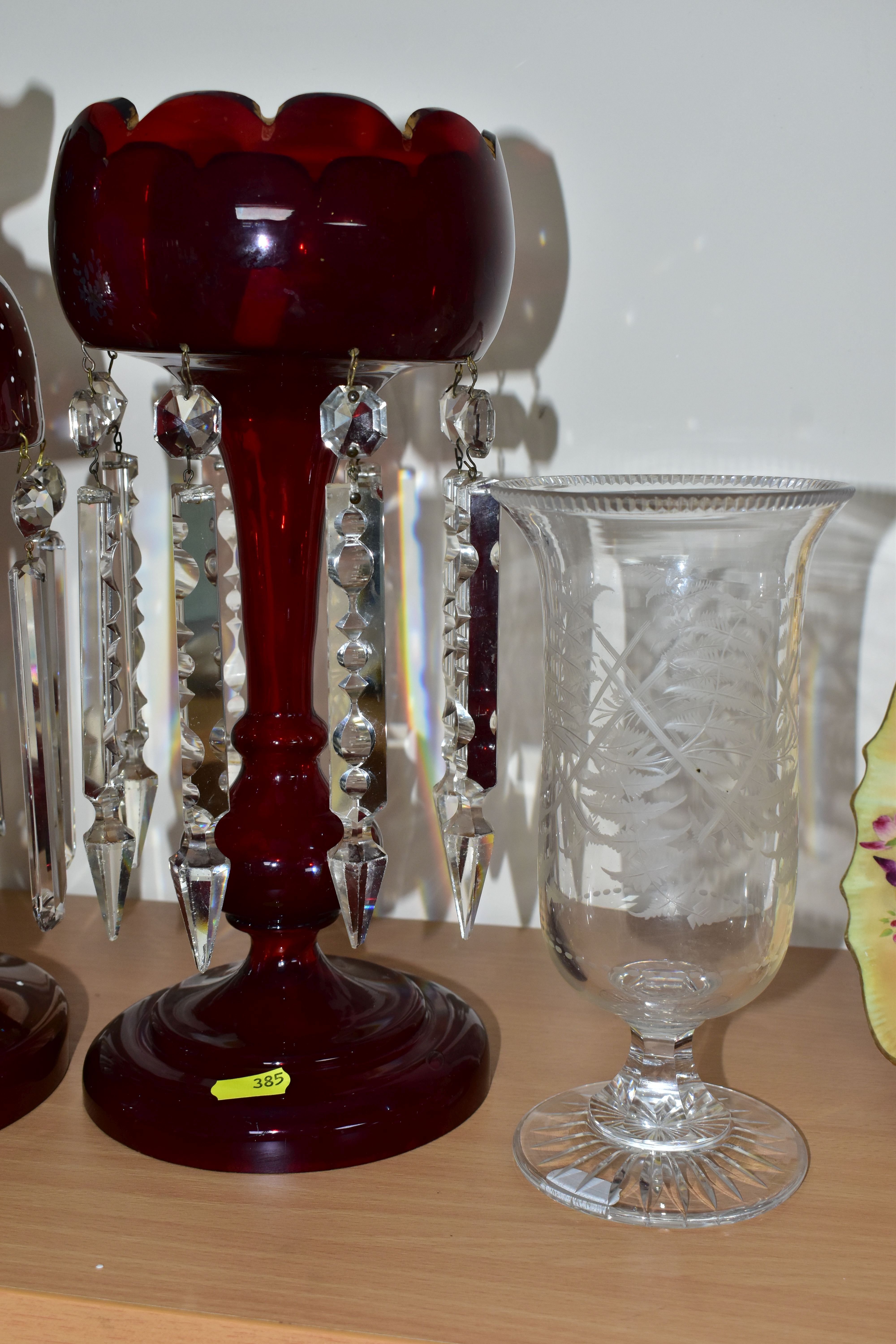 THREE LATE 19TH / 20TH CENTURY GLASS LUSTRES, A LATE VICTORIAN CELERY VASE AND A CARLTONWARE - Image 4 of 6
