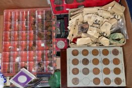 A LARGE CARDBOARD BOX OF MIXED WORLD COINAGE, to include 18x USA tubed 1963 fifty coins in each,