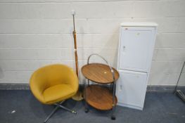 FOUR ITEMS OF MID CENTURY FURNITURE including a chrome based tub chair with mustard covering, a