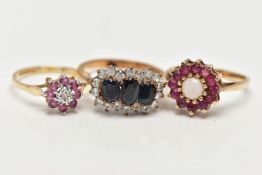 THREE GEM SET RINGS, the first an opal and ruby cluster ring, hallmarked 9ct Birmingham, ring size