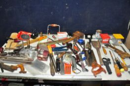 A BOX OF MISCELLANEOUS to include saws, nails, hammers, plane, files, rules, saw blades, chisels,