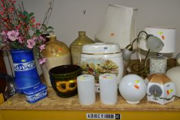 A SMALL QUANTITY OF ASSORTED GLASS LIGHT SHADES, TABLE LAMPS, STONEWARE FLAGONS, ETC, including a