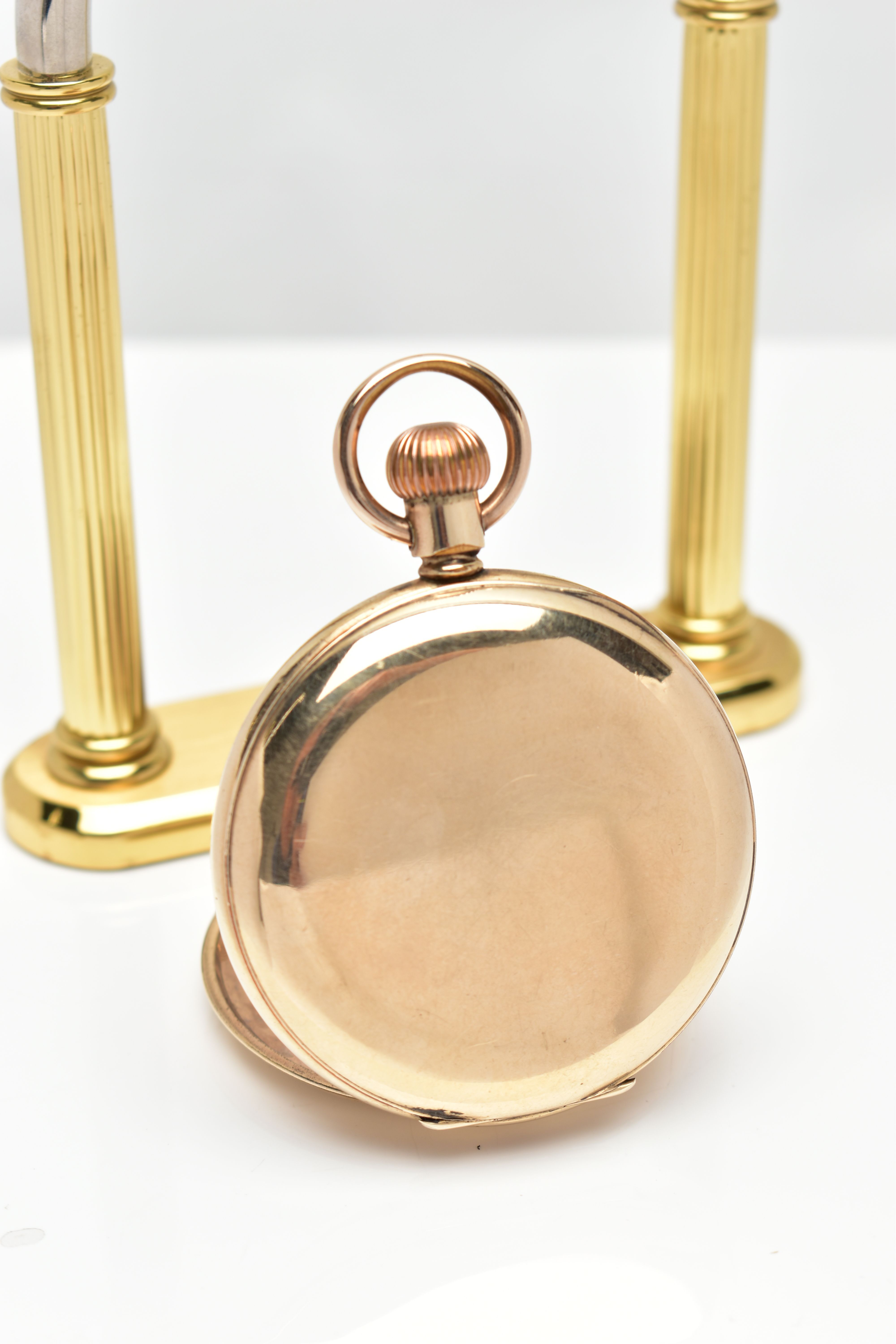 A GOLD PLATED FULL HUNTER 'WALTHAM' POCKET WATCH AND STAND, manual wind, round white dial signed ' - Image 3 of 6