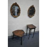 TWO FOLIATE GILT FRAMED WALL MIRRORS, along with an oak cloud shaped coffee table, on triple legs,