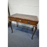 A 20TH CENTURY WALNUT SIDE TABLE, with a single drawer, on cabriole legs, width 92cm x depth 52cm