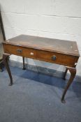 A 20TH CENTURY WALNUT SIDE TABLE, with a single drawer, on cabriole legs, width 92cm x depth 52cm