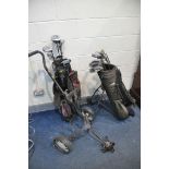 A COLLECTION OF GOLFING EQUIPMENT to include two golf bags containing Golden Bear, Ikarus, Silver
