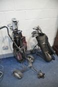 A COLLECTION OF GOLFING EQUIPMENT to include two golf bags containing Golden Bear, Ikarus, Silver