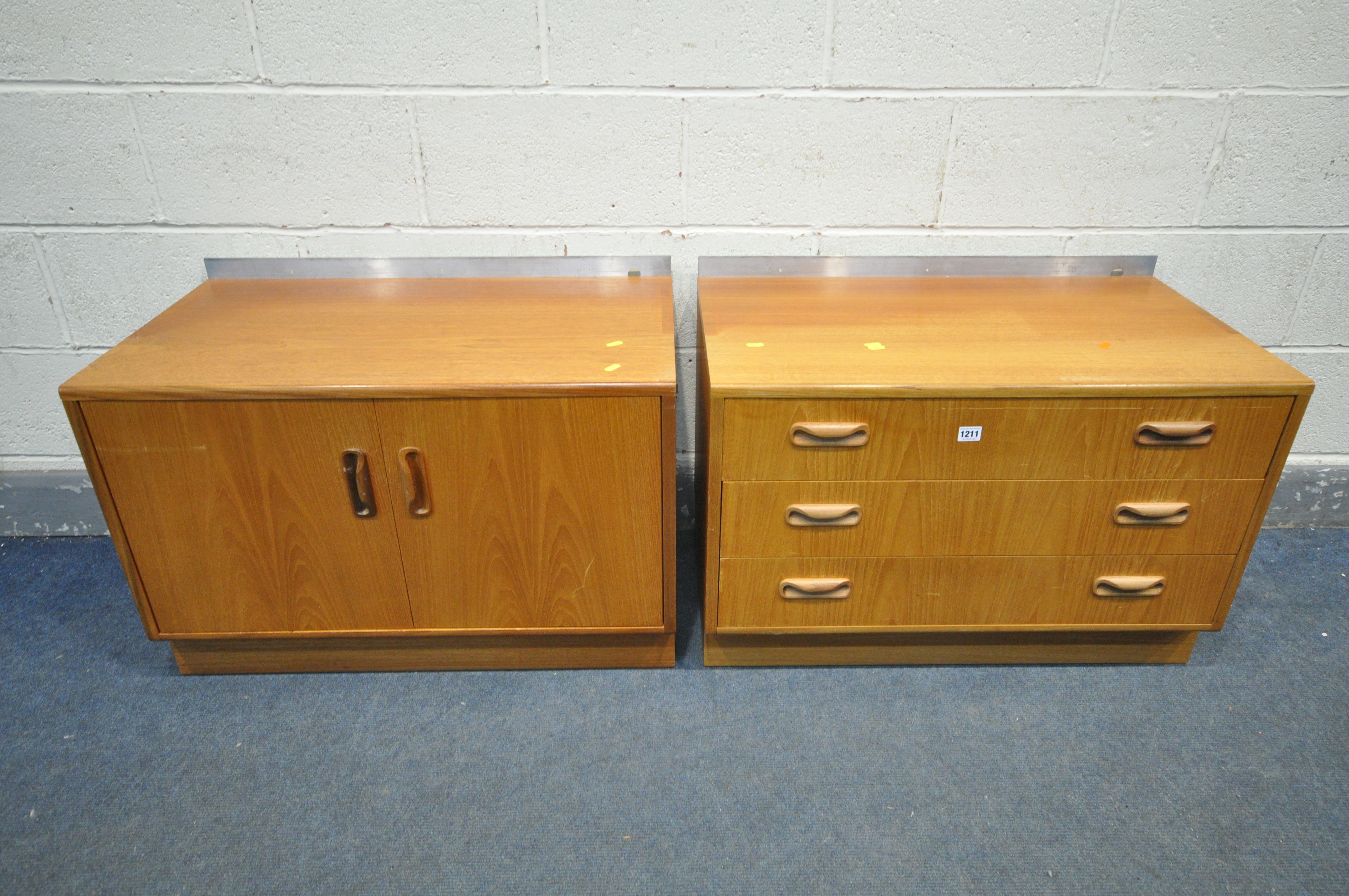 A G PLAN TEAK CHEST OF THREE DRAWERS, and a matching two door cupboard, width 82cm x depth 46cm x