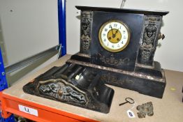 A LARGE VICTORIAN BLACK SLATE AND MARBLE MANTEL CLOCK IN NEED OF SOME ATTENTION, the shaped case the