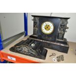 A LARGE VICTORIAN BLACK SLATE AND MARBLE MANTEL CLOCK IN NEED OF SOME ATTENTION, the shaped case the