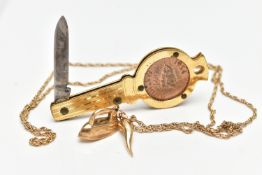 A YELLOW METAL NECKLACE, TWO YELLOW METAL CHARMS AND 'LUCKY FARTHING' PEN KNIFE, the necklace