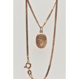 A 9CT GOLD LOCKET PENDANT NECKLACE, the locket of an oval form decorated with an engraved floral