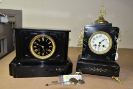 TWO BLACK SLATE MANTEL CLOCKS, one with a black dial and gilt Roman numerals, indistinct name on