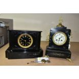 TWO BLACK SLATE MANTEL CLOCKS, one with a black dial and gilt Roman numerals, indistinct name on