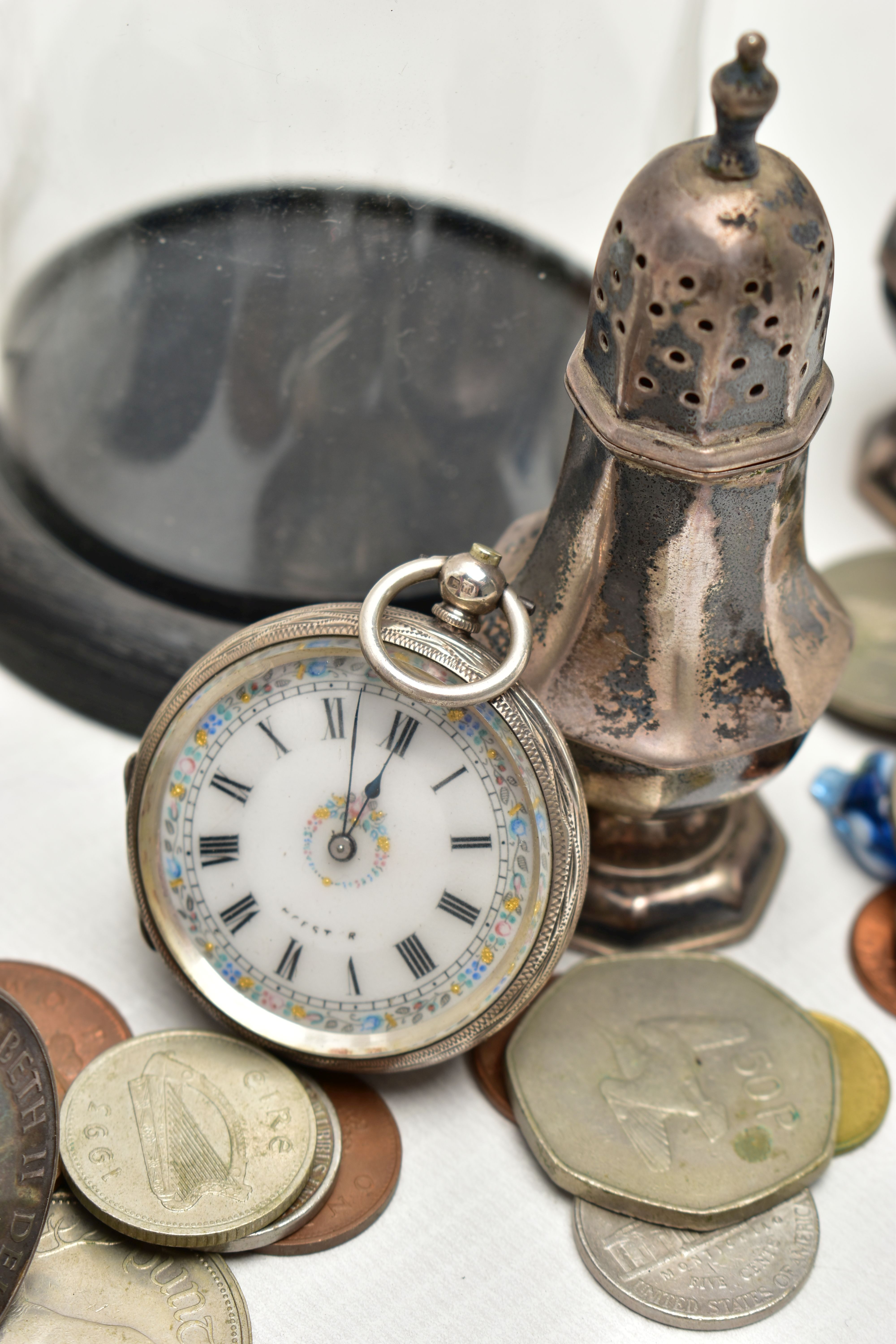 TWO SILVER OPEN FACE POCKET WATCHES WITH STANDS, SILVER PEPPERETTES AND OTHER ITEMS, to include - Image 3 of 5