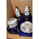 FOUR BOXED PIECES OF ROYAL CROWN DERBY GIFT WARES, comprising a Royal Antoinette pattern perfume