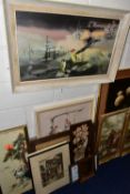 A COLLECTION OF PAINTINGS AND PRINTS ETC, to include Frederick T. W. Cook study of two green