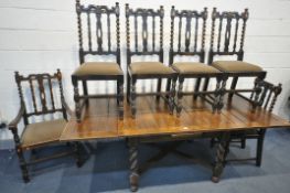 AN EARLY 20TH CENTURY OAK BARLEY TWIST DRAW LEAF DINING TABLE, extended length 213cm x closed