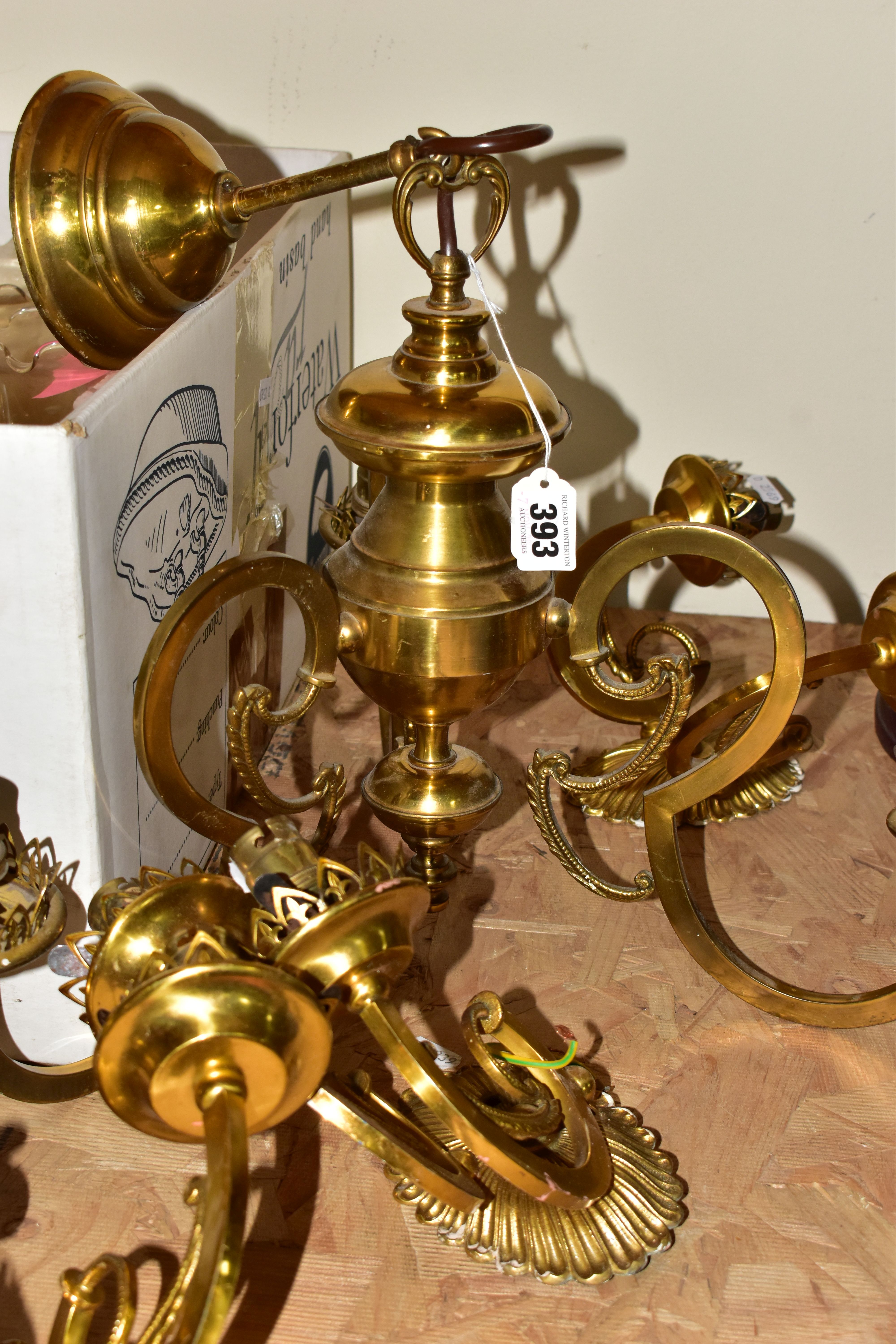 TWO 20TH CENTURY BRASS THREE BRANCHED CHANDELIERS WITH SIX TWIN BRANCHED WALL LIGHTS, together - Image 2 of 5