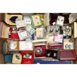A BOX OF SILVER AND WHITE METAL JEWELLERY, to include various rings, pendant necklaces, earrings,