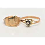 TWO 9CT YELLOW GOLD RINGS, to include a diamond and sapphire cluster ring, hallmarked Birmingham