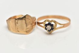 TWO 9CT YELLOW GOLD RINGS, to include a diamond and sapphire cluster ring, hallmarked Birmingham