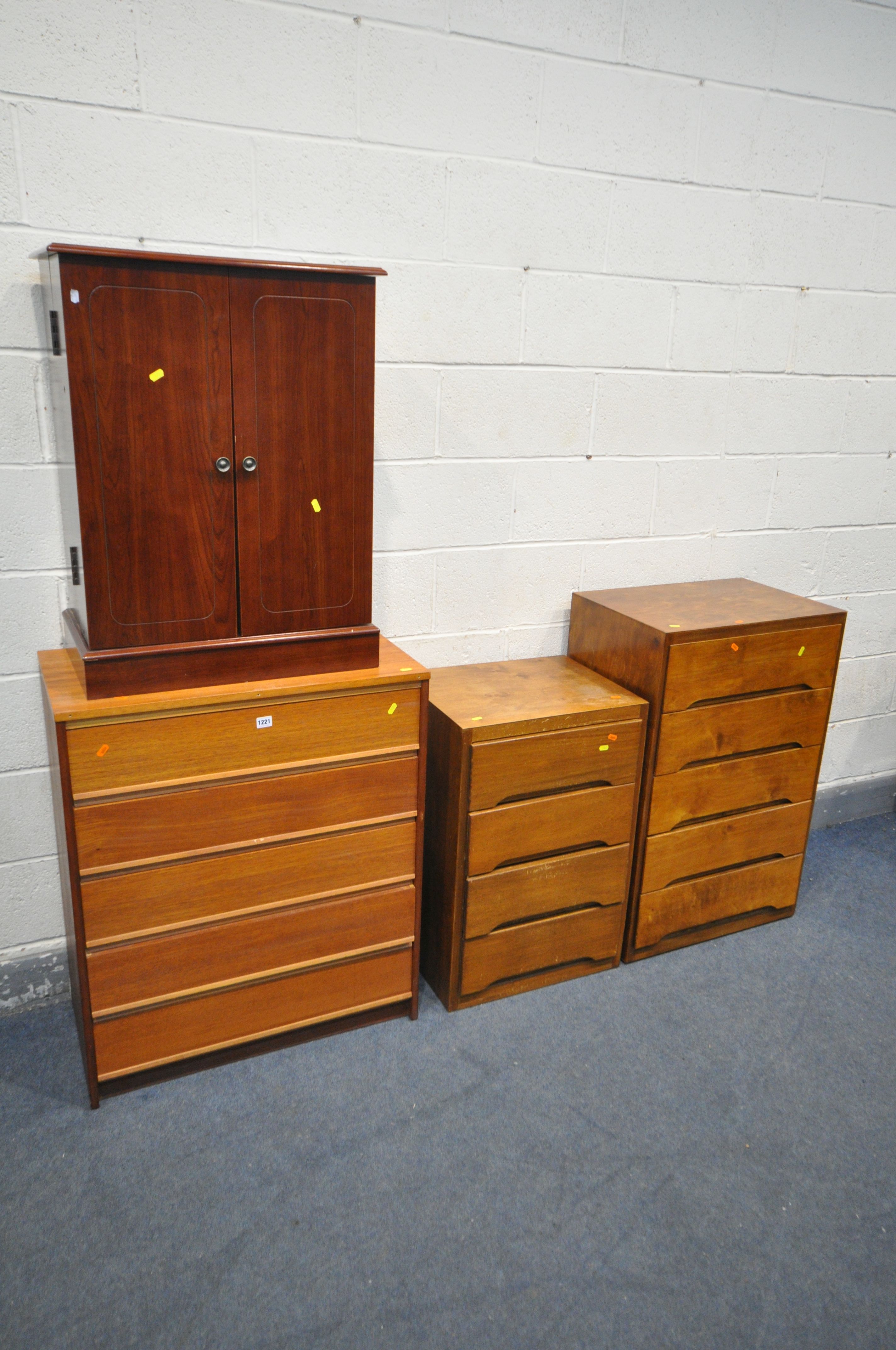A MID CENTURY TEAK CHEST OF FIVE LONG DRAWERS, width 76cm x depth 41cm x height 97cm, two plywood