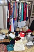 A QUANTITY OF LADIES' CLOTHING, SHOES AND ACCESSORIES ETC, to include a red Frank Usher evening