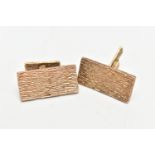 A PAIR OF 9CT ROSE GOLD CUFFLINKS, rectangular in form with bark effect design, approximate