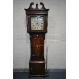 A GEORGE IV MAHOGANY EIGHT DAY LONGCASE CLOCK, the hood enclosing a painted 13 inch dial, with roman