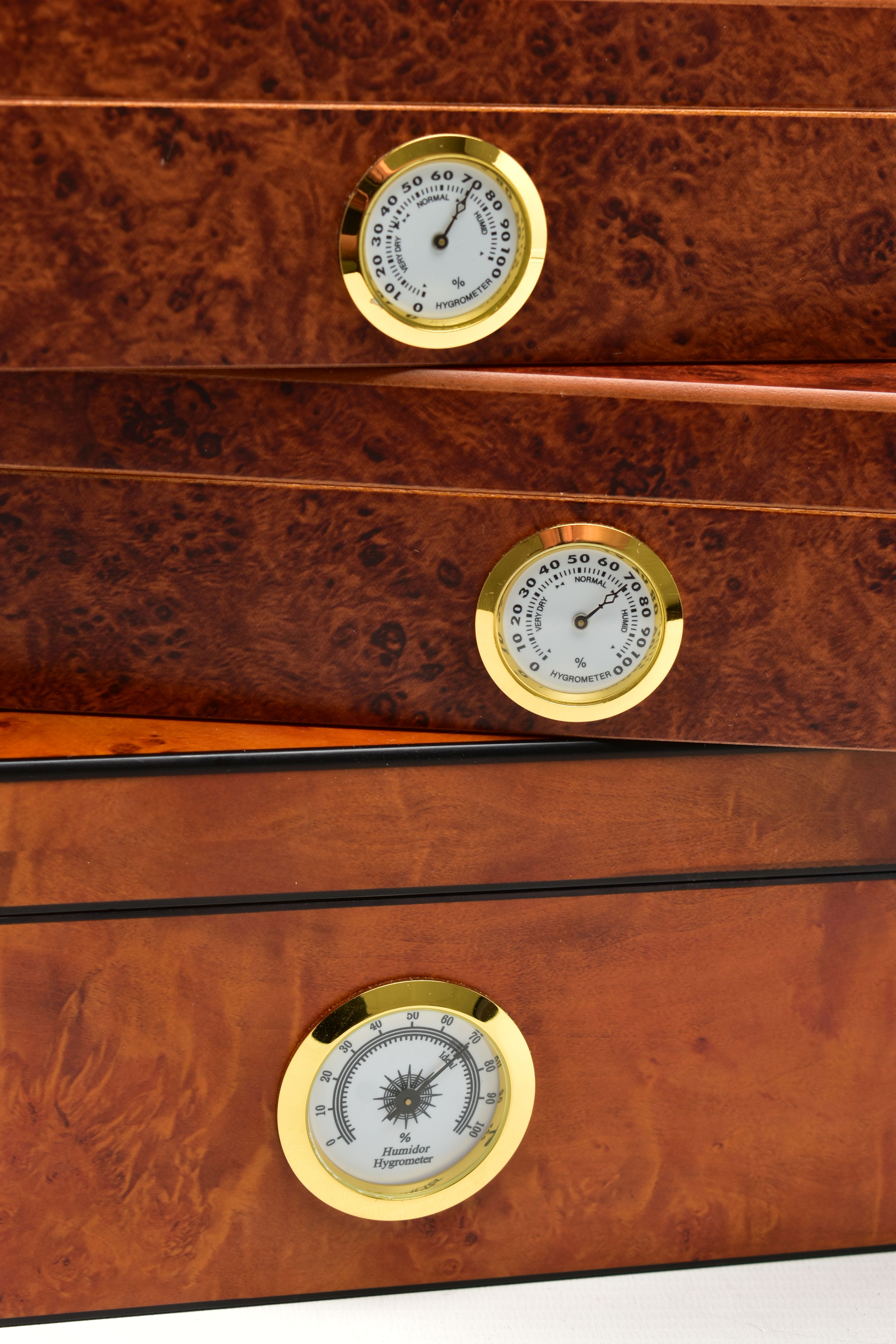 THREE 'GERMANUS' AMBOYNA CIGAR HUMIDOR BOXES, two shallow wooden boxes with an open top glass panel, - Image 2 of 4