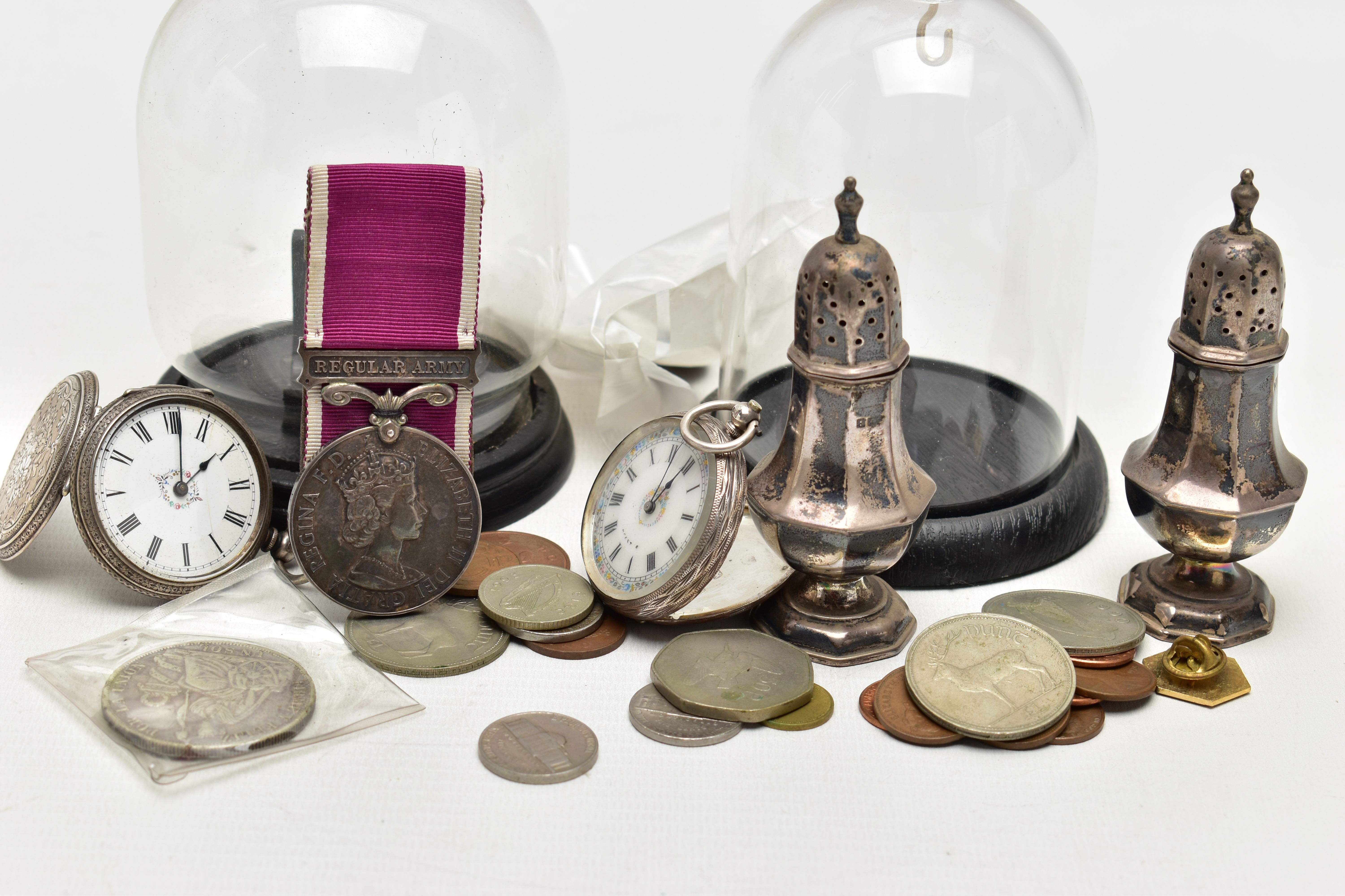 TWO SILVER OPEN FACE POCKET WATCHES WITH STANDS, SILVER PEPPERETTES AND OTHER ITEMS, to include